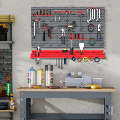 DURHAND Estante de Parede com Sistema de Armazenamento 95,5x23x53,5cm Suporte para Ferramentas com 54 Peças 50 Ganchos para Oficina Garagens Vermelho e Cinza
