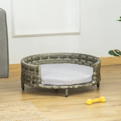 PawHut Sofá Cama para Cães e Gatos de Vime PE Cama Elevada Redonda para Animais de Estimação com Almofada Suave Lavável para Interior e Exterior 60x60x20cm Cinza