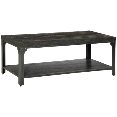 HOMCOM Rustic Coffee Table with Storage Shelf, Cocktail Table with Steel Frame and Thickened Top for Living Room, Dark Walnut