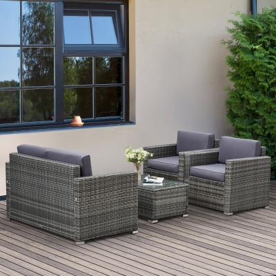 Outsunny Set de mobilier de veranda cu 4 piese, cu 2 scaune, un canapea dubla si o masa de cafea cu blat din sticla, din ratan, Gri