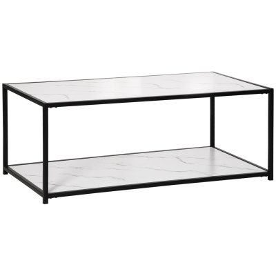 HOMCOM Modern Coffee Table with Faux Marble Top, Cocktail Table with 2-Tier Storage and Steel Frame for Living Room, White