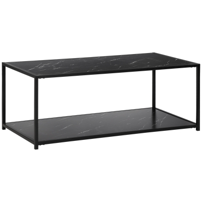 HOMCOM Modern Coffee Table with Faux Marble Top, Cocktail Table with 2-Tier Storage and Steel Frame for Living Room, Black