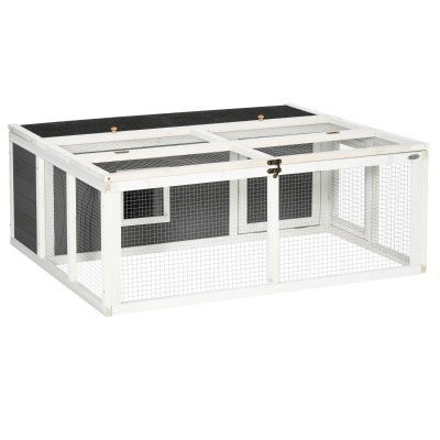PawHut Kaninchenstall Zwergkaninchenstall Meerschweinchen Gehege Kleintiergehege Indoor Outdoor Tannenholz Grau+Weiß+Schwarz 120 x 105 x 46 cm