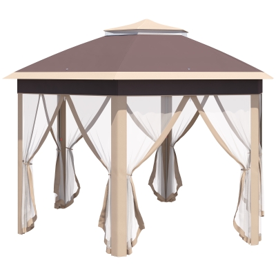 Outsunny Gartenpavillon Faltpavillon 4 x 4 m Pop-Up-Zelt Partyzelt inkl. Tragetasche 6 Seitenteile Doppeldach sechseckig Beige+Khaki