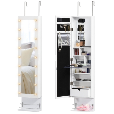 HOMCOM Jewellery Storage Mirror Cabinet Wall Mounted or Door Hanging w/ Hooks Shelves Drawer 18 Lights Brush Holder Vanity Makeup White