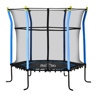 HOMCOM 5,3FT Trampolin für Kinder Gartentrampolin mit Sicherheitsnetz Randabdeckung Gummiseil gepolstert Fitness-Trampolin Mini-Trampoline mit Netz Stahl Blau 163,5H cm bis 60 kg