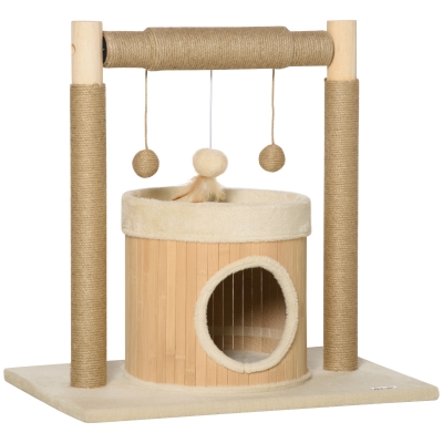 PawHut Arbre à chat griffoirs grattoir jute jeu boules suspendues plateforme ronde dim. 60L x 40l x 60H cm - beige