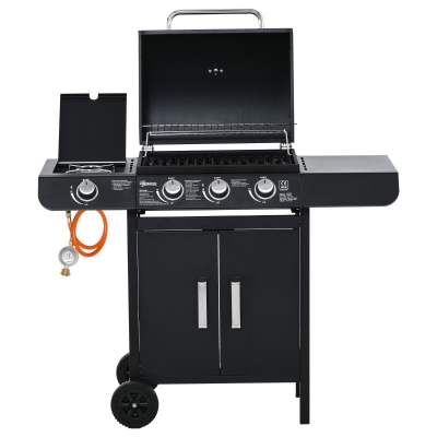 Outsunny Gasgrill BBQ Grillwagen mit 3 Brennern 1 Seitenbrenner Druckminderer Schläuche Schrank Multifunktion Metall Schwarz 110 x 50 x 100 cm