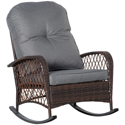 Outsunny Schaukelstuhl Polster mit Knopfheftung PE-Rattan Stahl Braun + Grau