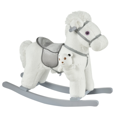 HOMCOM Kinder Schaukelpferd Baby Schaukeltier mit Tiergeräusche Spielzeug Haltegriffe für 18-36 Monate Plüsch Weiß 65 x 26 x 55 cm
