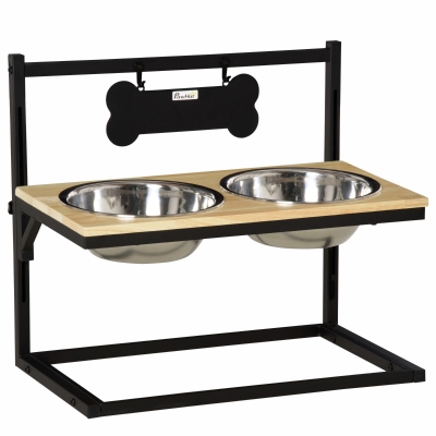PawHut erhöhter Hundenapf höhenverstellbar Doppelnapf Futternapf mit Stahlnäpfen Haustier Fressnapf Kiefernholz Schwarz 58 x 32 x 50 cm