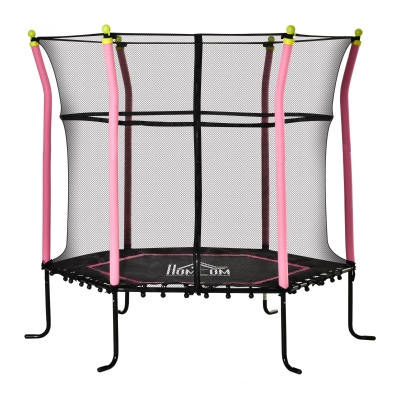 HOMCOM 5,3FT Trampolin für Kinder Gartentrampolin mit Sicherheitsnetz Randabdeckung Gummiseil gepolstert Fitness-Trampolin Mini-Trampoline mit Netz Stahl Rosa 163,5H cm bis 60 kg