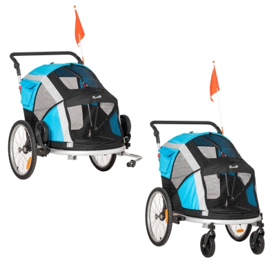PawHut 2-in-1 Hundeanhänger Hundebuggy klappbar Haustier Fahrradanhänger Hundetransporter Hunde Fahrrad Anhänger atmungsaktiv Oxfordstoff Aluminium Blau+Silber 150 x 82 x 108 cm