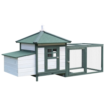 PawHut Zwerghühnerstall Zwerghühnerhaus mit Auslauf Stall mit Sitzstangen Nistkasten Wachtelstall Draußen Winterfest Kiefernholz Weiß+Grün 196 x 76 x 97 cm