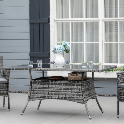 Stół Ogrodowy Outsunny z Szklanym Blatem, Meble Ogrodowe, Poli-rattan+Szkło Bezpieczne, Szary+Czarny, 150x85x74 cm
