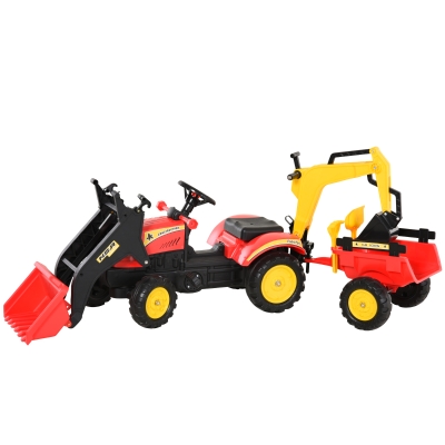HOMCOM Trettraktor Tretauto Tretbagger mit Fontlader für 3-6 Jahre Bagger Kinder Stahl Kunststoff Rot 179 x 42 x 59 cm