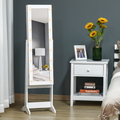 HOMCOM Free Standing LED Mirrored Jewelry Cabinet Armoire Floor Organiser W/ 3 Angle Adjustable For Rings Earrings Bracelets Cosmetics White