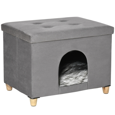 PawHut 2-IN-1 Katzenhöhle Fußhocker mit Kissen Holzbeine Katzenhaus Katzenkorb weich gepolstert Ottomane elegantes Design abnehmbar MDF Plüsch Grau 60 x 45 x 44,5 cm