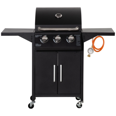 Outsunny Gasgrill BBQ mit 3 Brennern je 3 kw mobiler Grillwagen mit 4 Rädern Grillnetz Seitentischen Druckminderer Schläuche Schrank Multifunktion Stahl Schwarz 121 x 55 x 109 cm