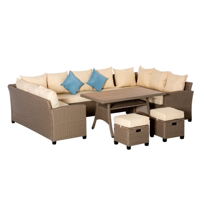 Outsunny 6-teilige Polyrattan Sofagarnitur für Garten und Terrasse inkl. Kissen wetterbeständig Beistelltisch Loungemöbel Braun+Khaki