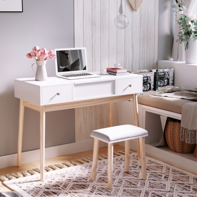 HOMCOM Dressing Table Set with Flip Top Mirror and Cushioned Stool, Makeup Vanity Dresser Desk with 2 Drawers and Storage Grids for Bedroom, White