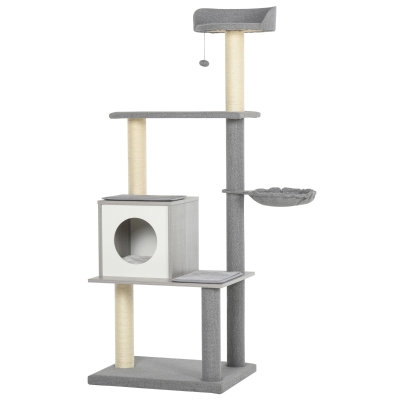 PawHut Kattenboom met krabpaal, klimboom met grot ligvlakken grijs & wit