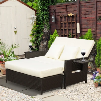 Outsunny Poly-rotan loungebank 2-zits set ligstoel kruk bruin