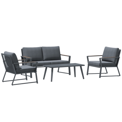 Outsunny 4-częściowy zestaw mebli ogrodowych, sofa, fotel, stolik, polirattan, aluminium w kolorze szarym