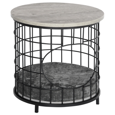 PawHut Mesa Auxiliar Cama para Gatos con 1 Orificio Estante Superior Cojín Desmontable y Lavable Marco de Acero para Salón Dormitorio 40x40x40 cm Negro y Gris