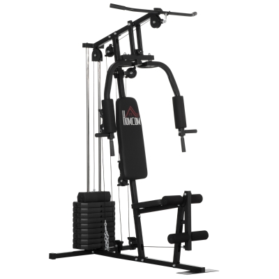 HOMCOM Multiestación Máquina de Musculación con Estribo para Piernas Placas de Peso de 45 kg Carga Max. 110 kg para Entrenamiento Fitness en Hogar Gimnasio 135x103x210 cm Negro
