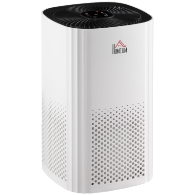 HOMCOM Purificador de Ar com Filtro HEPA de 3 Capas CADR 225 m³/h até 24 m³ Purificador de Mesa com Ecrã LED 4 Velocidades Temporizador Modo Noturno e Silencioso 22,7x22,7x36cm Branco