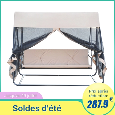 Outsunny Balancelle de jardin convertible 3 places grand confort : matelas assise dossier, moustiquaire intégrale zippée avec toit, pochette rangement métal époxy polyester beige