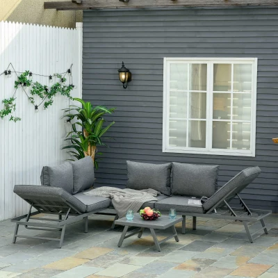 Outsunny 3 Pcs Garden Seating Set w/ Sofa Lounge Coffee Table Outdoor Patio Furniture