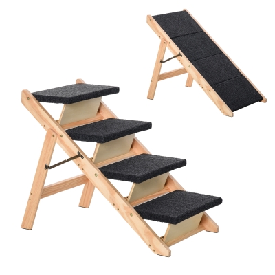 PawHut Haustiertreppe 2-in1 Hunderampe Katzentreppe 4 Stufen Hundetreppe Faltbar Tiertreppe für Katzen und Hunde Kiefernholz Natur+Schwarz 80 x 47 x 64 cm