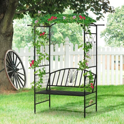 Outsunny Garden Arch Steel Frame w/ 2-Seater Bench Black