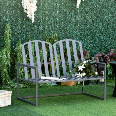 Outsunny Steel Garden Bench Loveseat Slatted Design Grey