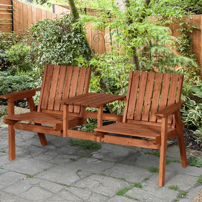 Outsunny 2-Seater Fir Wood Bench with Centre Table