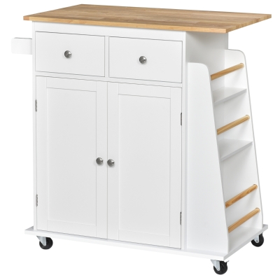 HOMCOM Desserte de cuisine ilôt cuisine meuble cuisine avec plan de travail étagère range-bouteilles porte-torchons 2 tiroirs placard 2 portes MDF blanc hévéa