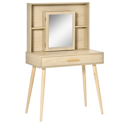 HOMCOM Coiffeuse avec miroir, étagères et tiroir, table de maquillage scandinave, pieds effilés bois d'hévéa, panneaux particules, naturel