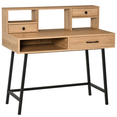 HOMCOM Bureau secrétaire bureau informatique dim. 105L x 55l x 100H cm 3 tiroirs + 3 niches piètement métal noir plateau imitation bois