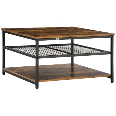 HOMCOM Mesa de Centro Mesa Auxiliar com 2 Prateleiras de Armazenamento Estrutura de Metal para Sala de Estar Sala de Jantar Carga Máxima 30kg 80x80x45cm Marrom Rústico