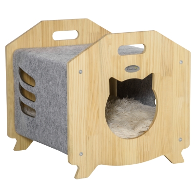 PawHut Cama Cueva de Gatos de Madera y Fieltro Casa para Mascotas con Cojín Suave Lavable Orificio de Entrada y 2 Asas para Salón Interior 40x39x40 cm Natural y Gris