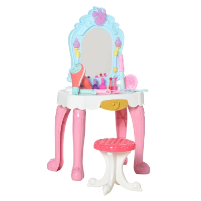 HOMCOM 20 PCS Kids Dressing Table Set, Children Vanity Make Up Desk, Musical Pretend Toy, with Beauty Kit, Mirror, Stool, Light, for 3-6 Years Old, Pink