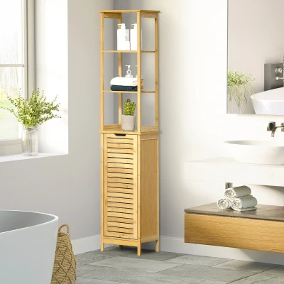 Kleankin Bathroom Floor Cabinet with 3 Shelves and Cupboard, Slim and Freestanding Organiser, Tallboy with Storage, Natural