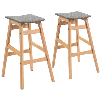 HOMCOM Wooden Bar Stool Linen Covered Cushion Beech Wood Legs Pub Curved Seat, Natural