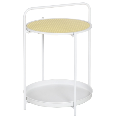 HOMCOM Mesa Auxiliar com Prateleira de Vime Plástico Bandeja Removível e Alça Portátil Mesa Lateral Redonda com Estrutura de Aço para Dormitório Escritório 43,5x42,5x60cm Branco