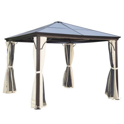 Outsunny Luxus Pavillon Gartenpavillon Alu Partyzelt Gartenzelt mit lichtdurchlassigem PC Dach Braun+Beige 300×300×260cm