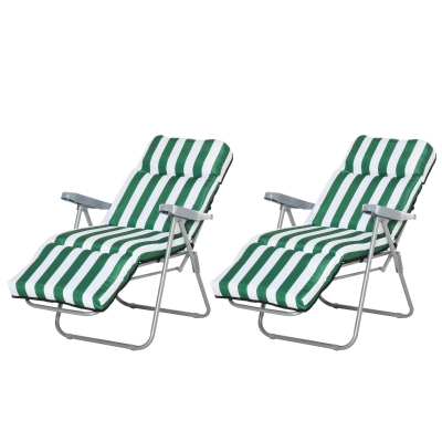 Outsunny 2 x Klappstühle Gartenstuhl Sonnenliege Armlehne klappbar 5 Positionen Auflage Grün+Weiß 60 x 75 x 102 cm