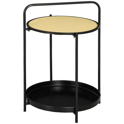 HOMCOM Round Side Table with Detachable Tray and Plastic Rattan Shelf, End Table with Steel Frame, Black