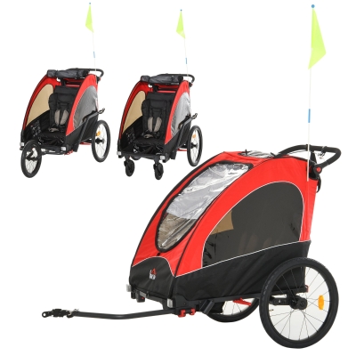 HOMCOM 3 in 1 Kinderanhänger Aluminium Kinder Jogger Fahrradanhänger Radanhänger für 2 kinder mit Fahne Rot+Schwarz